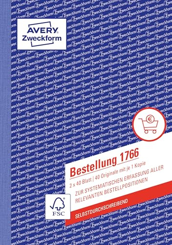 AVERY Zweckform 1766 Bestellung (A5, 2x40 Blatt, selbstdurchschreibend mit farbigem Durchschlag, zur systematischen Erfassung aller relevanten Bestellpositionen) weiß/gelb
