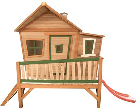 AXI Spielhaus Emma mit roter Rutsche | Stelzenhaus in Braun & Grün aus FSC Holz für Kinder | Spielturm für den Garten