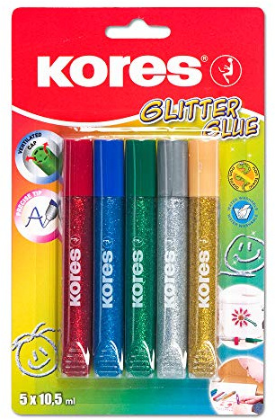 Kores - Glitter Glue Pens - Non Toxic, Precise and with Ventilated Cap - Coloured Slime Glitter Glue Sticks - Back to School Stationery, Stationery Supplies, Office Supplies - Set of 5 x 10,5ml
