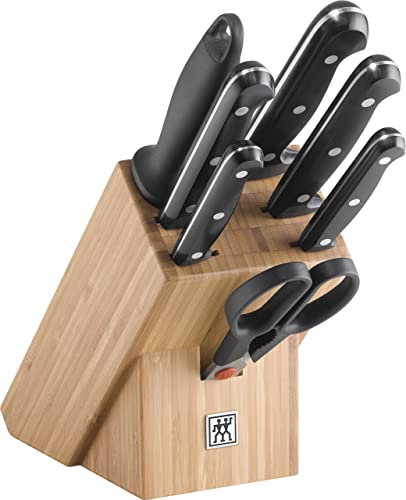ZWILLING Twin Chef Messerblock, 8-teilig, Bambusblock, Messerset, Wetzstab und Schere, Rostfreier Spezialstahl/Kunststoff-Griff im Nietendesign, Schwarz
