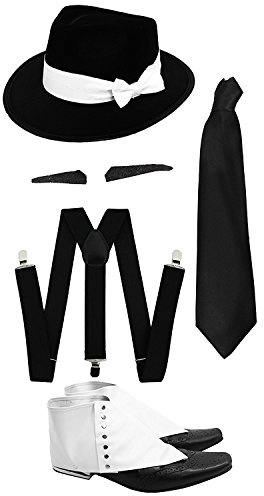 ILOVEFANCYDRESS Gangster Kostüm der 1920er Reihe =Zubehör Set =Schwarze Hosenträger + Schwarz Krawatte + Spiv/Schnurrbart + Gamaschen + Schwarzer Gangster Hut mit weißem Band