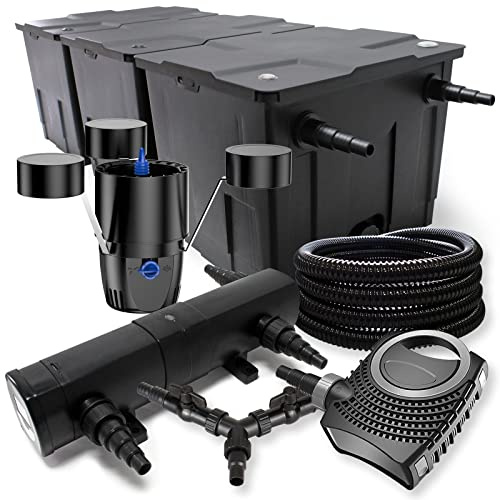 SunSun Kit complet: CBF-350C Filtre de bassin jusqu'à 90000 L, NEO10000 pompe de filtration 10000l/h 80W, CUV-236 lampe uv 36W, 25m Tuyau 25 mm, CSP-250 Écumeur 2500l/h 45W, Y-distributeur