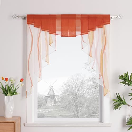 HongYa Tunnelzug Scheibengardine transparenter Voile Kurzgardine für Kleinfenster H/B 145/140 cm Creme Terra