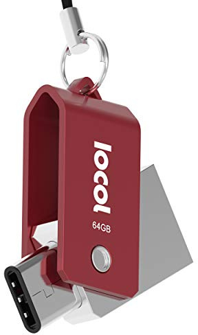IOCOL Twister USB C Stick 64 GB Dual – 2-i-1-funktion > Mini USB 3.0 & typ C vattentät och liten – Swivel vridbar av metall perfekt för nyckelhängare – 64 GB Flash Drive minne i rött