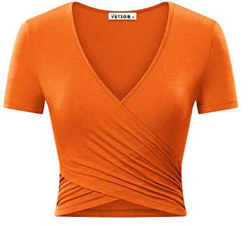 VETIOR Women's Sexy Deep V Neck Short Sleeve Unique Slim Fit Cross Wrap Shirts Crop Tops Going Out Tops, Orange, XL