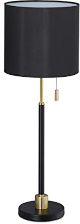 Relaxdays Tischlampe mit Zugschalter, elegante Nachttischlampe mit Stoffschirm, E27 Fassung, HD 69 x 24 cm, schwarz-gold