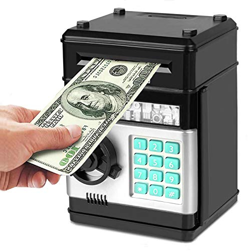 Revanom Electronic Piggy Bank, Mini ATM Password Money Bank Cash Coins Saving Box for Kids, Cartoon Safe Bank Box Perfect Toy Gifts for Boys Girls (Black)