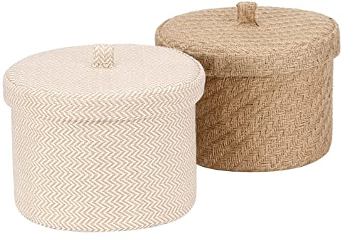 Sea Team 2 Pack Jute und Baumwolle Leinen Aufbewahrungskorb Nette runde Box für Toilettenartikel Spielzeug Verschiedenes Artikel 5 Liter Schreibtisch Gadget Organizer mit Deckel (Medium C)