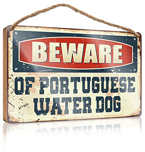 COTECI Schild für die Haustür Vorsicht vor portugiesischem Wasserhundschild zum Aufhängen, Holzschild, Dekoration, saisonale Türdekoration (Größe: 15 x 28 cm)