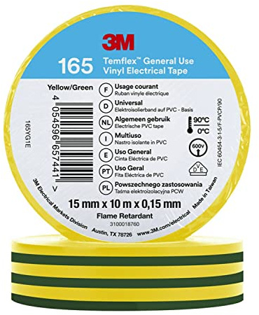 3M Temflex™ Vinyl-Isolierband 165, Grün/Gelb, 15 mm x 10 m, 100 Rollen