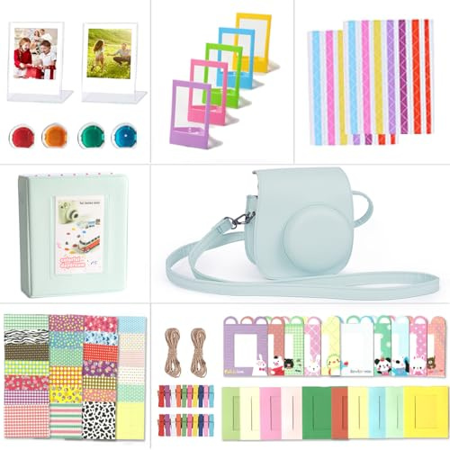 Riosin Accessoires compatibles avec l'appareil Photo pour Fujifilm Instax Mini 12, Comprenant Un Housse Mini 12, Un Album, Filtres, Cadres Muraux, Cadres de Film, Autocollant (Vert Menthe)