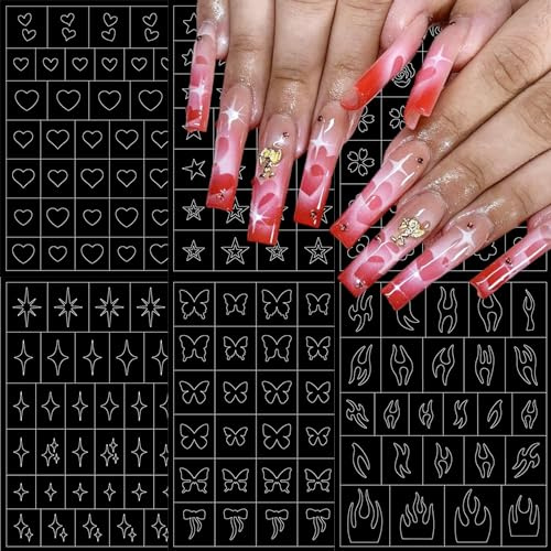 LRKNNO 6 Sheets Airbrush Nail Stencils Heart Butterfly Flowers Flame Star Nail Art Stickers Paper French Nail Guides for Women Manicure DIY French Tip Tools Supplies