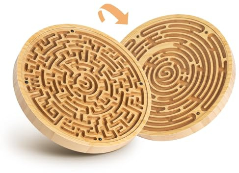 Das Verrückte Labyrinth Spiel, 2 in 1 Doppelseitiges Funktionelles Labyrinth Brettspiel, Hölzernes Labyrinth-Puzzle mit Zwei Stahlkugeln, gratis Samtbeutel