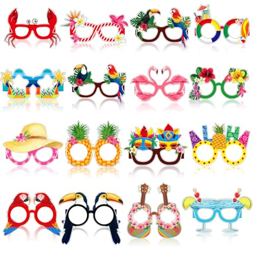 Capaneus 16 Stück Hawaiian Papierbrille, Tropical Hawaiian Party Lustige Brillen Foto Requisiten，Sommer Beach Party Accessoires für Kinder und Erwachsene, Hawaii Kostüm Zubehör