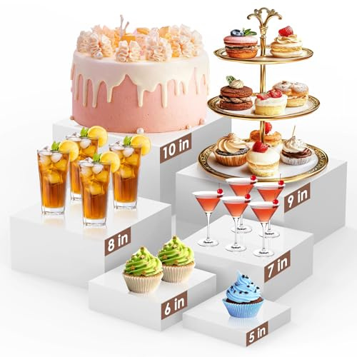 6Pcs White Buffet Risers Set (Size 5,6,7,8,9,10),Food Risers for Buffet Table Display Stand Shelf for Party Catering Dessert Collectibles Acrylic Cube Boxes Display with Hollow Bottoms