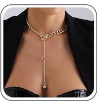 Inilbran Punk Halskette mit klobigen Gliedern Vintage Kubanische Kette Gold dicke Kette Halskette mit runden Kugelperlen Y Tropfen Halskette Schmuck für Frauen und Mädchen