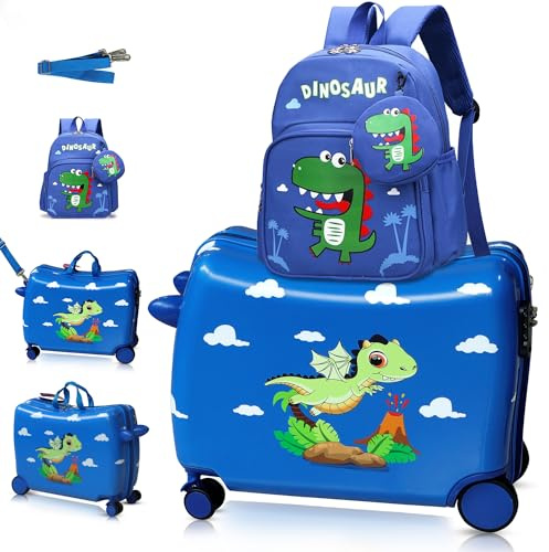 R.Leone Valigia Cavalcabile per Bambini Ryanair 55x40x20 cm + 30x23x14 cm Set 2 Pezzi Trolley Bagaglio a mano 4 Ruote e Zaino 311 (Dinosauro, Valigia 55x40x20cm+Zaino)