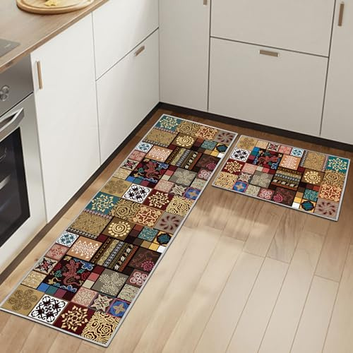 HSGLGNA Küchenteppiche 2 Stück, Rutschfestes Küchenmatten,6mm Dick rutschfest Wasserdicht Pflegeleicht, Anti-Müdigkeit Küchenteppich Teppich Läufer für Küche (Style-C, 40x60+40x120cm)