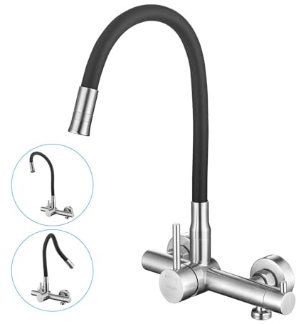 Robinet de Cuisine Mural avec Raccord 3/4 pour Lave-vaisselle, Lave-linge | Robinet Cuisine Evier Mural LakeBayMZC Acier Inoxydable avec Double Sortie,Mitigeur Mural avec Bec Flexible pour Cuisines