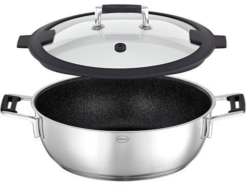 RÖSLE SILENCE PRO ProResist Servierpfanne, Antihaft & Robust - Ø 28 cm, Hitzebeständig bis 160 °C, Keramikversiegelung, silbern, Edelstahl 18/10, spülmaschinengeeignet mit Deckel