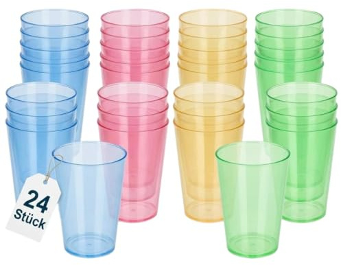 MIJOMA Lot de 24 gobelets en plastique aux couleurs de l'arc-en-ciel - 280 ml - Gobelets colorés incassables pour enfants - Gobelets réutilisables et réutilisables - Passe au lave-vaisselle