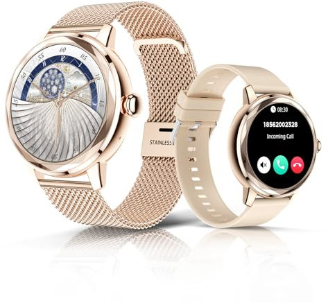 LES FLEURS Smart Watches for Women Anser/Make Call, 1.19'' Rose Gold Women Watch for Android iOS Phones, IP67 Fitness Tracker Smartwatch with Heart Rate Sleep SpO2 Monitor Femal Cycle,2 Watch Bands