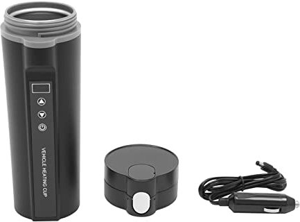 WindWilder Bollitore elettrico per auto, tazza da viaggio, con indicatore LED, 450 ml, in acciaio inox 304, temperatura di riscaldamento 100 °C, 12-24 V, 100 W, nero