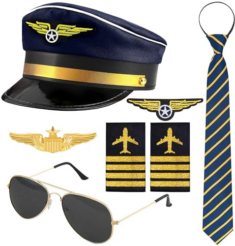 Horolam Pilot Kapitän Kostüm Zubehör, Pilot Kostüm Kit Mit Pilot Kapitän Hut Pin Krawatte Abzeichen Schulterriemen Sonnenbrille Für Erwachsene Männer Für Party Dress up (7 PCS) (Size) (Blue)