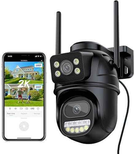 Reobiux 2K/6MP Dual Lens Outdoor Security Camera, 360° PTZ Home Security Camera Outdoor, CCTV Camera with Auto-Tracking, Human Detection, 30m Color Night Vision, Two-Way Audio, IP66, Work with Alexa