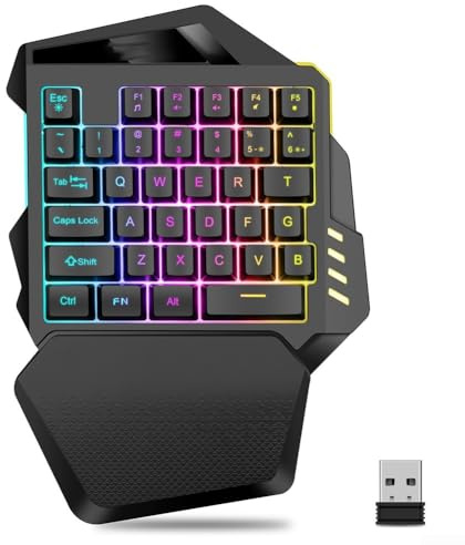 SPORTARC Teclado inalámbrico para juegos con una sola mano con 35 teclas e iluminación RGB dinámica, soporte ergonómico para la muñeca para un uso cómodo