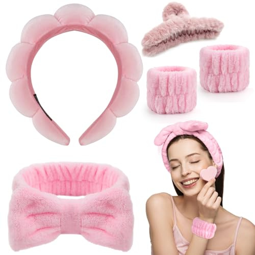 LPZMPZ Haarband Kosmetik Set mit 2 Stück Handgelenk Waschband und 3 Stück Haarklammer Plüsch, Spa Stirnband Zum Waschen Des Gesichts, Zum Waschen Gesicht Baden Yoga Übung Hautpflege