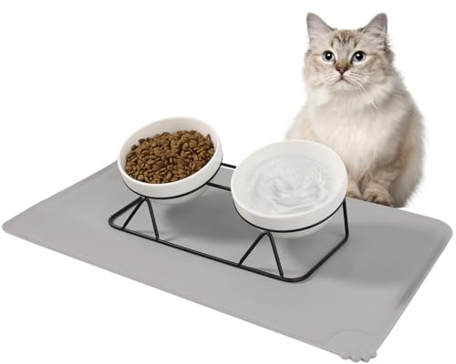 Vikcvcsc 2 Gamelle Chat Surélevée, Bol Ceramique mit Tapis Gamelle Chat et Support en Métal, Bol Inclinable à 15° pour Petits Chiens
