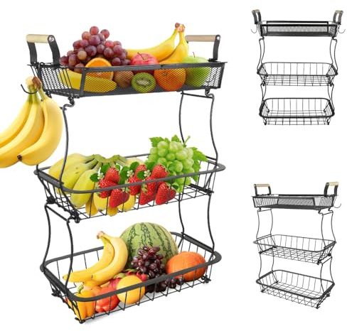 OHMG-3 Niveaux Support de Corbeille à Fruits en Bambou pour Le Rangement des légumes,Fruits,du Pain dans la Cuisine,Naturel,Support à Panier de Fruits (3 étages-Noir, 37 * 22 * 55.5cm)