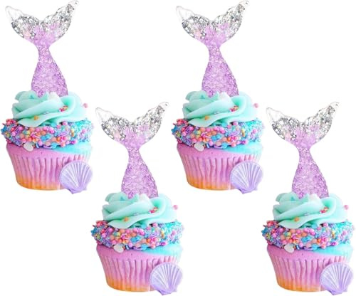 24 Stück Meerjungfrau Schwanz Tortendeko Glitzer Acryl Nixenschwanz Cupcake Dekorationen Unter dem Meer Kuchen Deko für Seejungfrau Thema Baby Dusche Geburtstag Party Kuchen Dekorationen Lila Silber