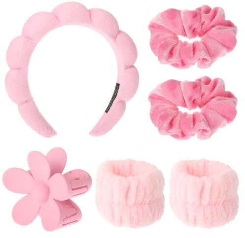 Spa Stirnband Make Up Haarband Waschband Set Haarband Kosmetik Rosa Haarreif Schminken Schmink Haarreif Schwamm Stirnband Spa Headband für Hautpflege Gesicht Waschen Dusche