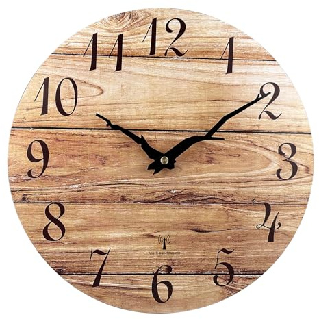 Plumeet Reloj de pared analógico de radiocontrol, 40,6 cm de reloj de pared de madera sin marco con movimiento de cuarzo silencioso, relojes rústicos de estilo campestre de nogal decorativos para