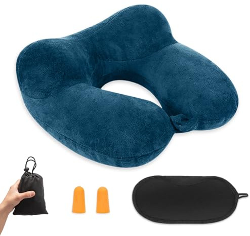 Zyluniy Almohada De Viaje Hinchable, Almohada Inflable del Viaje, Cojín Inflable del Cuello de Viaje, Portátil y Ligero con Cubierta De Terciopelo, para Viajar en Avión, Tren, Oficina