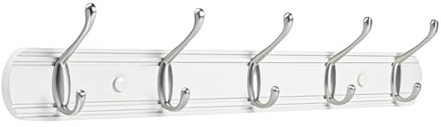 Yundoza Coat Hooks Wall Mount, Wood Bamboo Wall Coat Rack with 5 Metal Hooks for Hanging Clothes, Towels, Keys, Bags(White&Brushed Nickel)