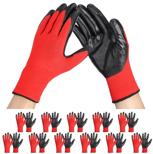 Einfa Guantes Trabajo - 12 Pares (24 Piezas) Rojo Guantes Nitrilo L Talla 9 - Grande Work Gloves 24cm para Mecanico Taller Workshop - Recubierto de Nitrile para Trabajo Hombre Mujer