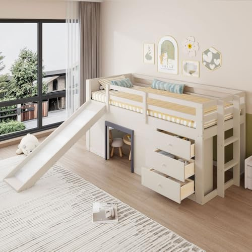 Luonians Lit Mezzanine Enfant Bas 90 x 200 avec Toboggan,Lit superposé Enfant avec Trois tiroirs et Deux Portes,lit Enfant avec Barriere, Couleur crème