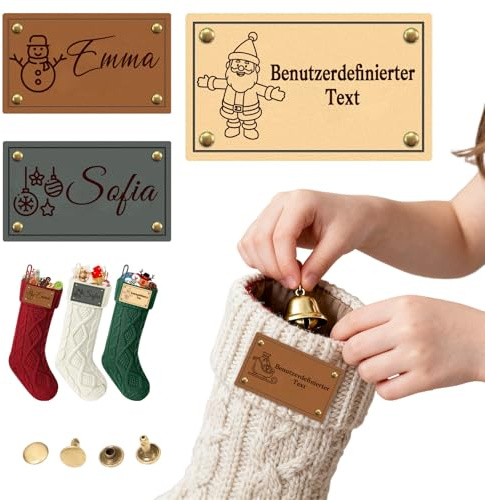 QSZ Personalisierte Weihnachtsanhänger aus Leder mit Nieten, Individuelle Gravur Name Text Labe Handmade Personalisiert Labels für Weihnachtsstrümpfe Schals Handschuhe (Symbol-Beschriftung)