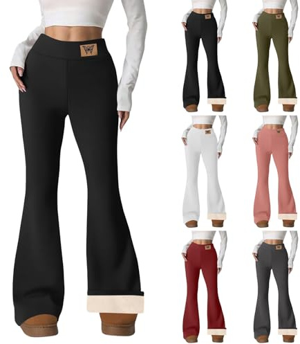 Caldi leggings termici da donna a vita alta flared leggings da donna neri in pile, imbottiti, slim fit, comodi, da jogging, per autunno e inverno, tinta unita, pantaloni casual, Nero , S
