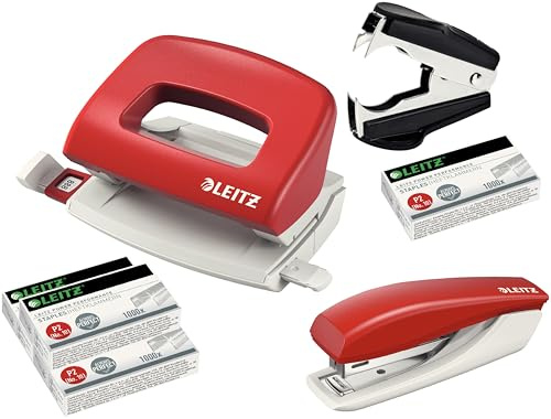 Leitz 5507 Stanz- und Lochgerät Bundle inkl. Aufbewahrungsklammern und Klammerentferner (Rot)