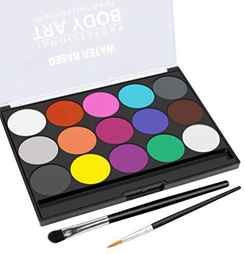 Dioche 15 Colors Face Paint Kit, Non Washable Body Painting Palette for Kids, with 2 Brushes for Halloween Party Makeup (Colorful)
