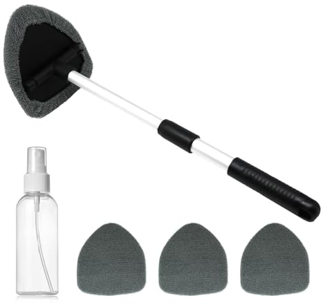 SECUREYVILL Herramienta de limpieza de parabrisas de coche con 4 almohadillas de microfibra y 1 atomizador, limpiador de parabrisas con mango extensible, giratorio de 180 grados