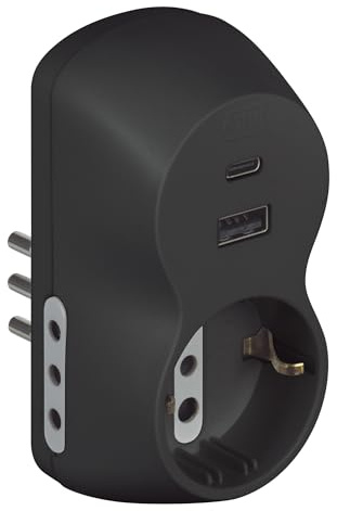 BTICINO Adattatore Advance B3, con Presa Schuko Standard Tedesco, USB A+C, 2 Prese 10A, Spina Piccola 10A, Presa Multipla, Potenza Fino a 1500W, Multi Adattatore Versatile, Colore Antracite, S3613GAC