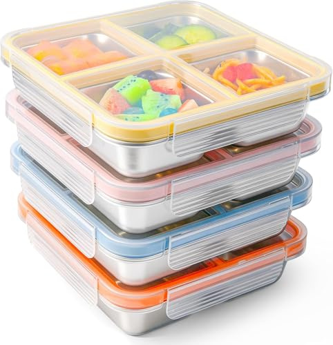 YCVSKY 4 Stück Snackbox mit Fächern Edelstahl 720ML, Snackdose mit Deckeln | Reusable and Dishwasher Safe, für Picknicks, Partys, Arbeit & Campingzum Servieren von Snacks, Obst