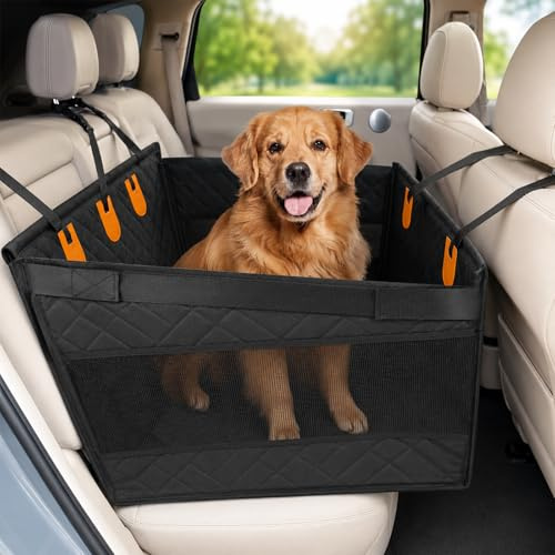 Hundesitz Auto Rückbank, Autositz Hund für Mittelgroße & Große Hunde, Wasserdichter, Rutschfester & Kratzfest Hundeautositz mit 2 Netzfenster, Hundekorb Auto Rücksitz