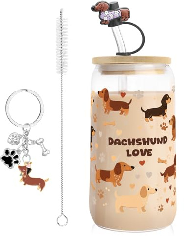 HUNGBAN Dachshund Lover Cup Set, 500ml Sausage Dog Mason Jar with Bamboo Lid, Glass Straw, Straw Topper and Keychain, Dog Lover Present for Women, Iced Coffee, Matcha, Bubble Tea, Smoothies