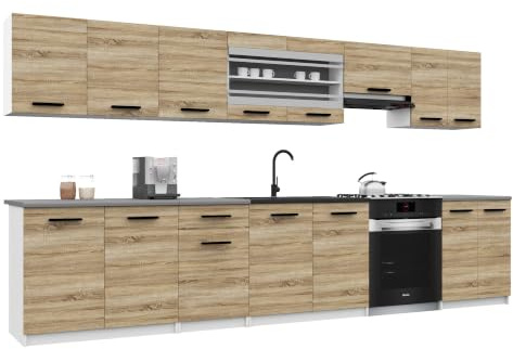 Belini Italia 3 Küchenzeile Küchenblock 320cm Sonoma Eiche | Küchenset als gerade Küchenzeile, weiße Korpusse, DECOR ECONATURA Material, kratzfest, ohne Elektrogeräte, mit Arbeitsplatte